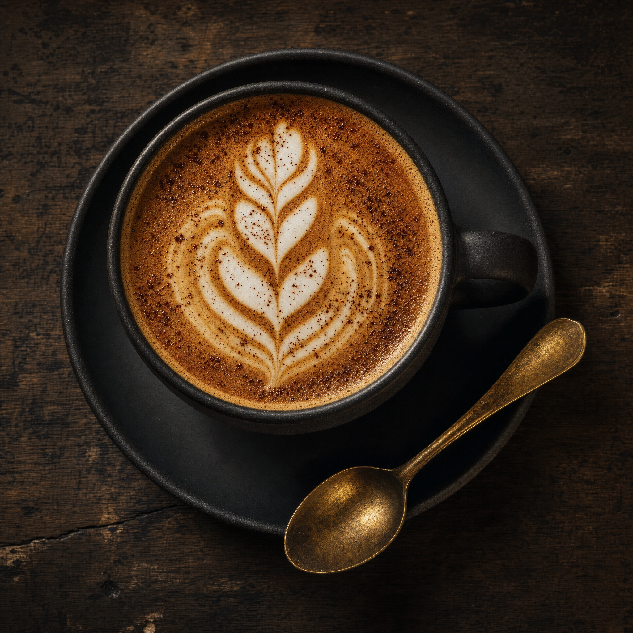 An overhead shot of a cappuccino in a matte ceramic mug with leaf-shaped foam art, sitting on a rustic wooden table. The kind of photo that gets the tap.